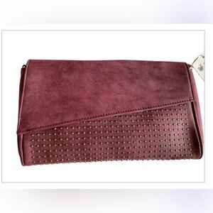 *NWT Elegant Berry Burgundy Suede Clutch with Gold Studs